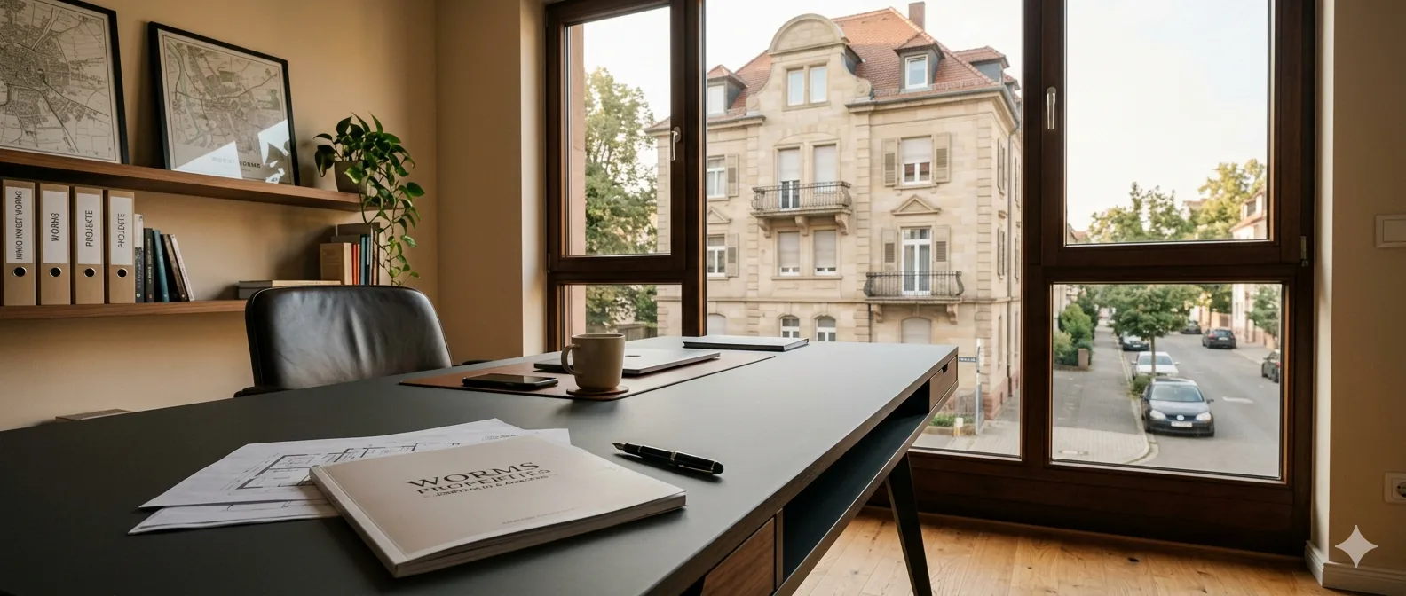 Schreibtisch in einem Wormser Büro mit Exposé-Mappe und Grundrissen, durch das Fenster der Blick auf ein gründerzeitliches Mehrfamilienhaus