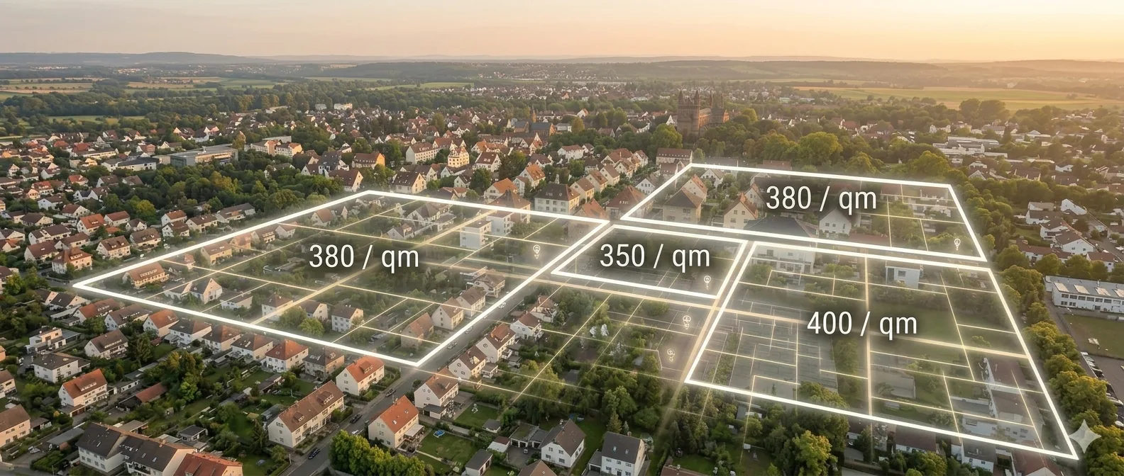 Luftbild von Worms mit dem Dom im Hintergrund, über die Wohngebiete sind beispielhafte Bodenrichtwerte je Quadratmeter eingezeichnet