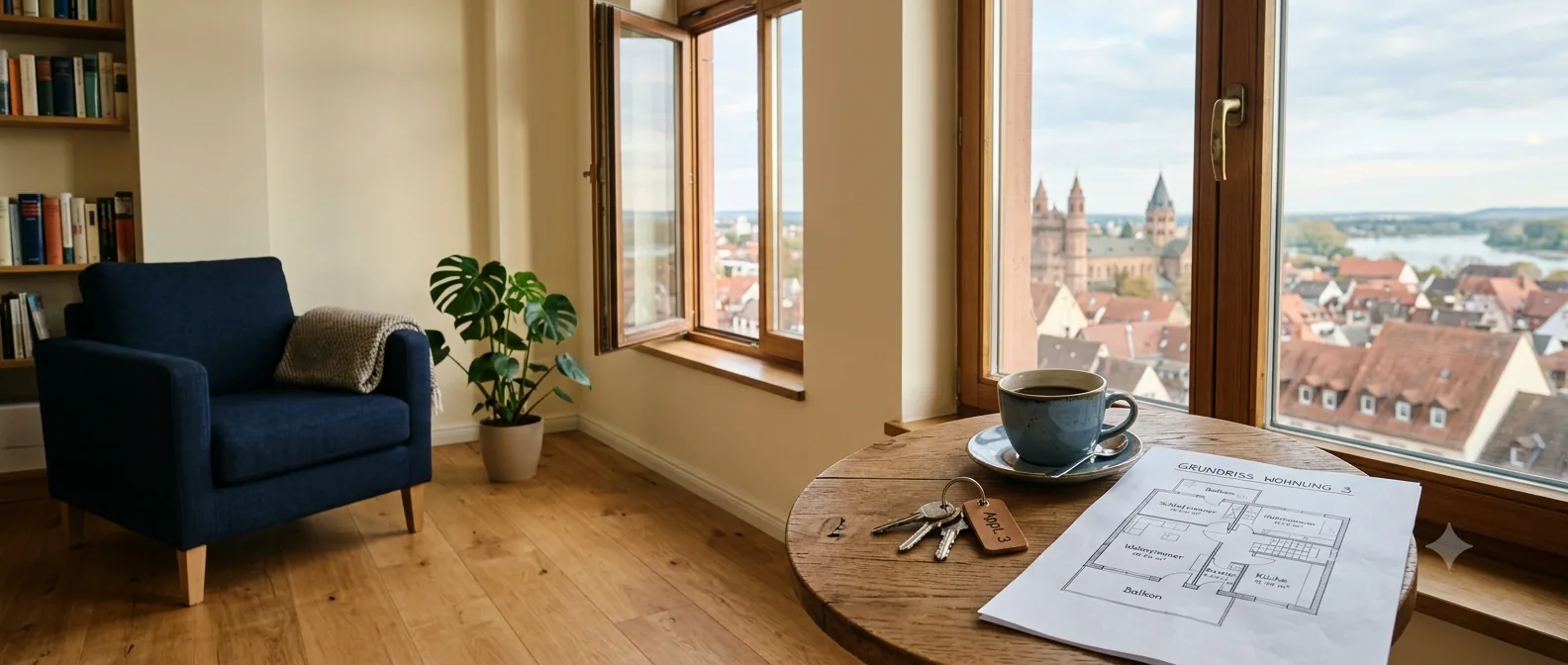 Wohnzimmer einer Wormser Eigentumswohnung mit Sessel und Zimmerpflanze, auf dem Holztisch Wohnungsschlüssel und Grundriss, durch die Fenster der Blick auf Dom und Rhein