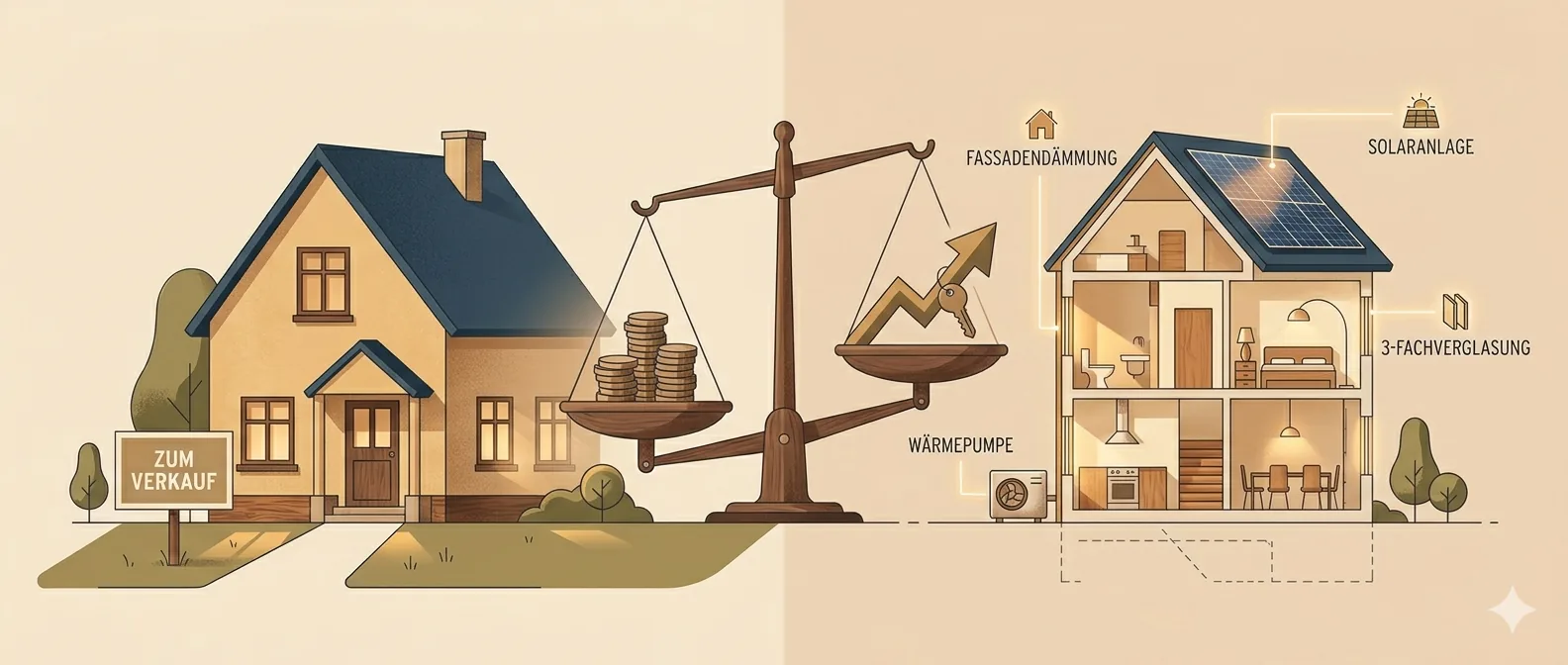 Wohnhaus mit Schild „Zum Verkauf“ neben einer Energieeffizienz-Skala, daneben ein aufgeschnittenes Haus mit Fassadendämmung, Solaranlage, Wärmepumpe und Dreifachverglasung
