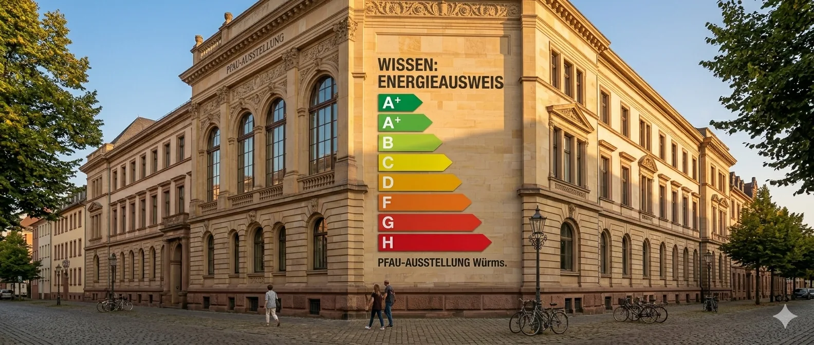 Historisches Gebäude in Worms mit eingeblendeter Energieeffizienz-Farbskala von A+ bis H