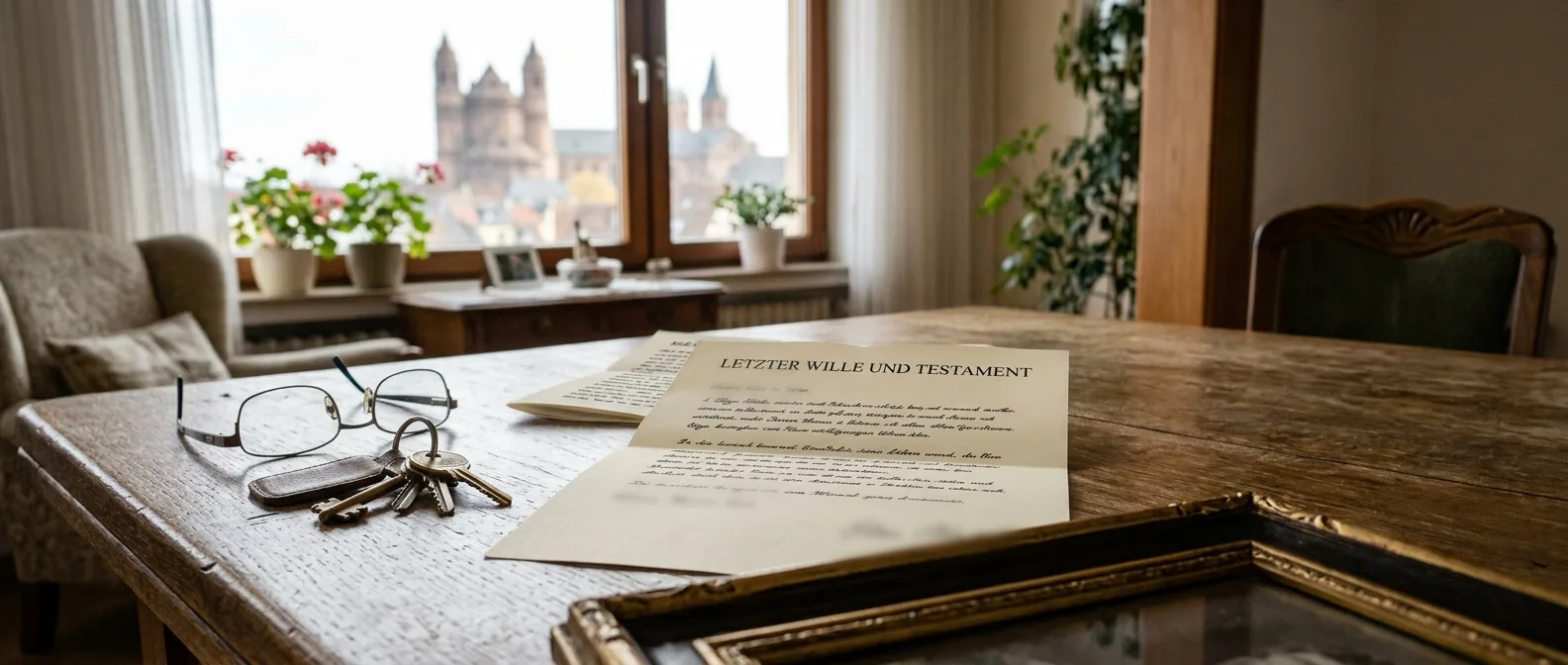 Ein Testament, ein Schlüsselbund, eine Lesebrille und ein gerahmtes Bild auf einem alten Holztisch, im Fenster dahinter der Wormser Dom – Sinnbild für ein geerbtes Haus