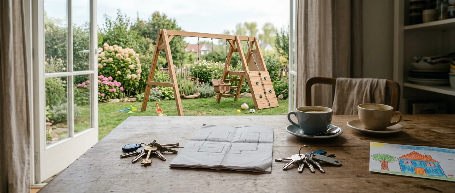 Zwei getrennte Schlüsselbunde und ein aufgeschlagener Grundriss auf einem Küchentisch, daneben zwei Kaffeetassen und eine Kinderzeichnung; durch die offene Terrassentür ein Garten mit Schaukel – Sinnbild für die Frage, wer im Haus bleibt