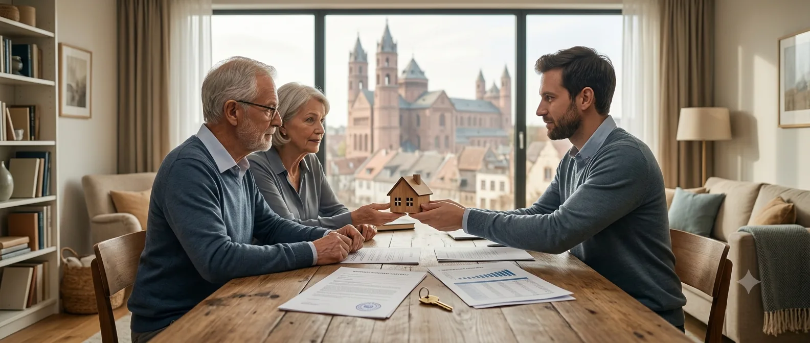 Eltern und ihr erwachsenes Kind mit notariellem Kaufvertrag, Tilgungsplan und Holz-Hausmodell an einem Wohnzimmertisch, im Hintergrund durchs Fenster der Wormser Dom – Sinnbild für den Immobilienverkauf an die eigenen Kinder mit Verkäuferdarlehen