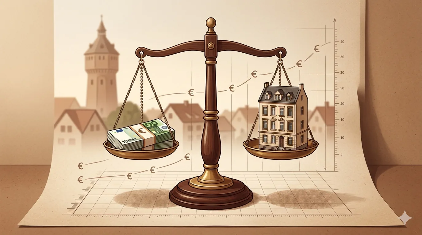 Illustration einer Waage, die einen Geldstapel gegen ein Wohnhaus abwägt, im Hintergrund der Wormser Wasserturm – Sinnbild für die ortsübliche Vergleichsmiete