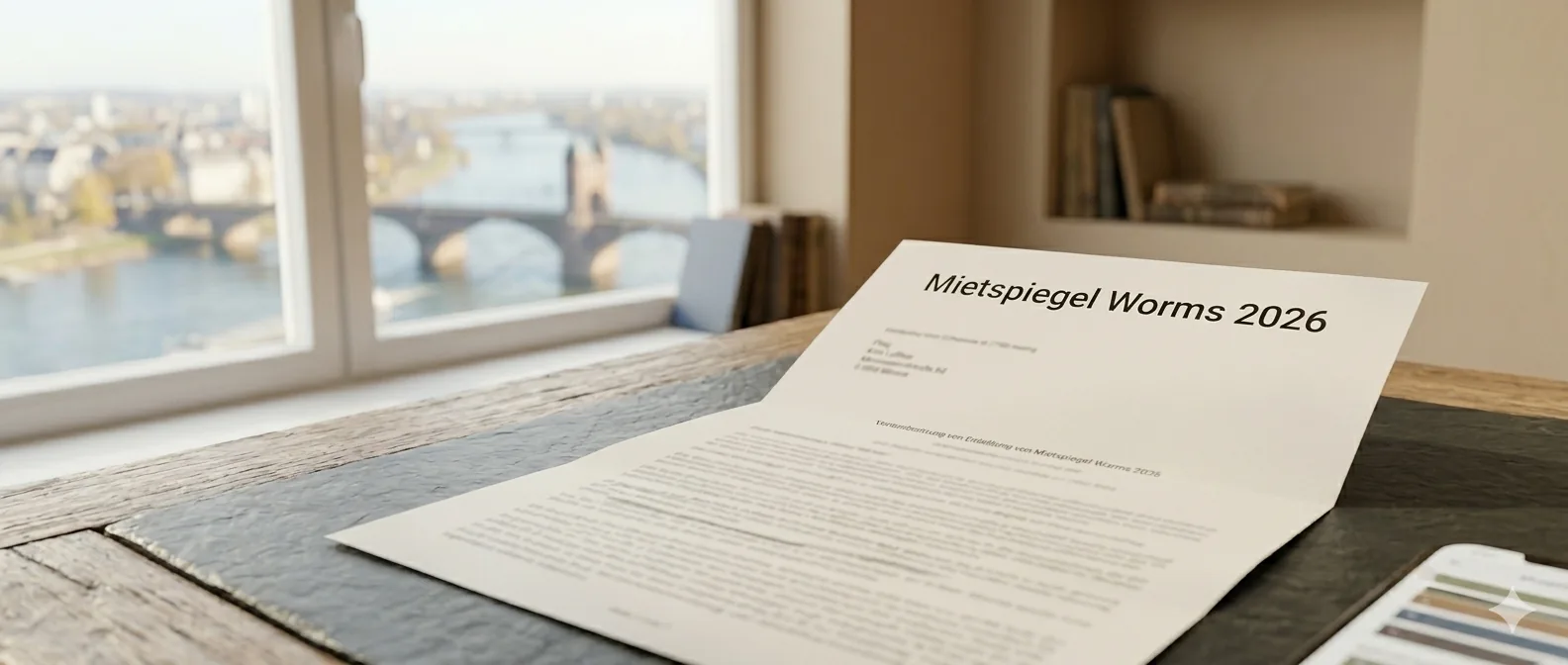 Anschreiben „Mietspiegel Worms 2026“ auf einem Schreibtisch am Fenster, im Hintergrund der Blick über den Rhein auf den Wormser Dom