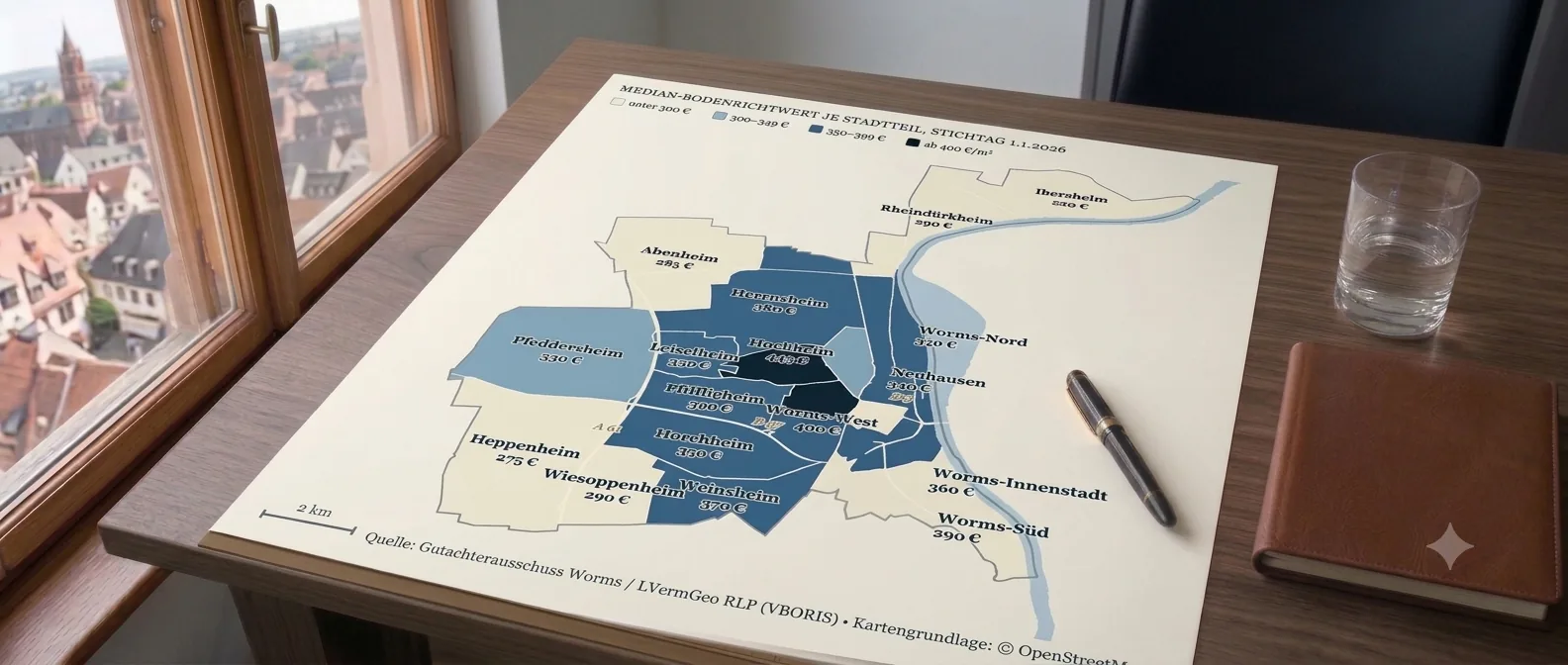 Stilisierter Stadtplan von Worms mit Stecknadeln auf einem Schreibtisch, daneben Füllfederhalter, Notizbuch und Wasserglas, im Fenster die Wormser Altstadt