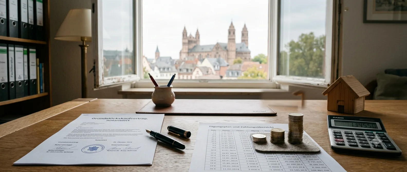 Notarieller Kaufvertrag, Taschenrechner, Münzstapel und ein Holz-Hausmodell auf einem Schreibtisch am Fenster, im Hintergrund der Wormser Dom – Sinnbild für die Kostenrechnung beim Immobilienverkauf