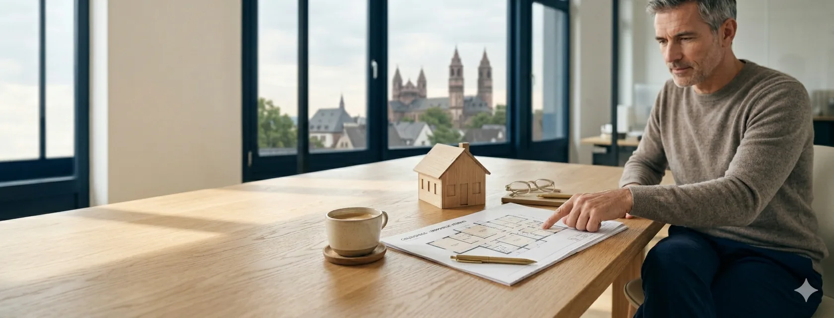 Mann am Tisch mit Grundriss und Holz-Hausmodell, durch das Fenster der Wormser Dom